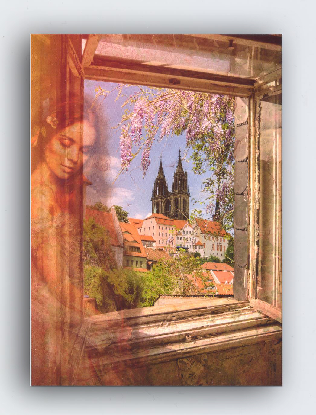 Postkarte Meißen – Frau am Fenster
